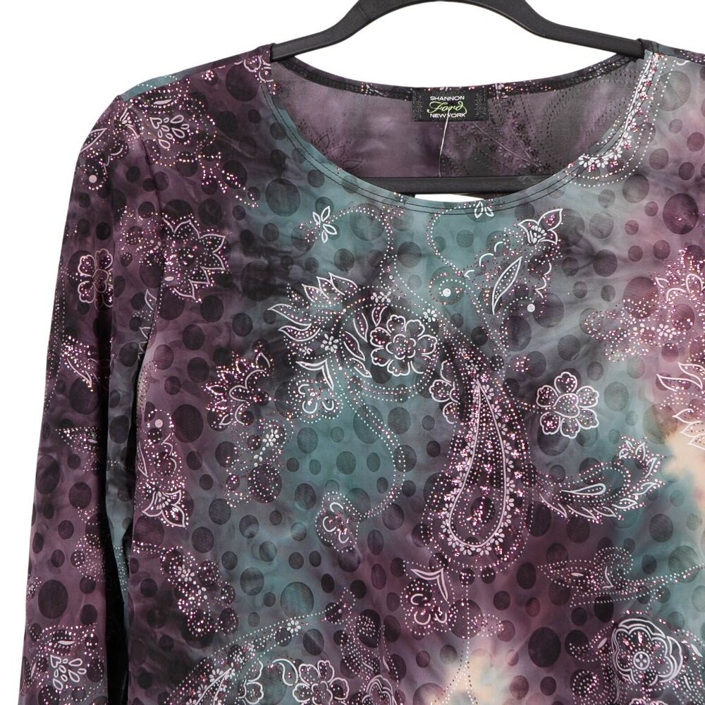 Y2K Hippie Shirt L Paisley Glitter Purple Green Dots Stretch Boho Indie Floral - Picture 2 of 5